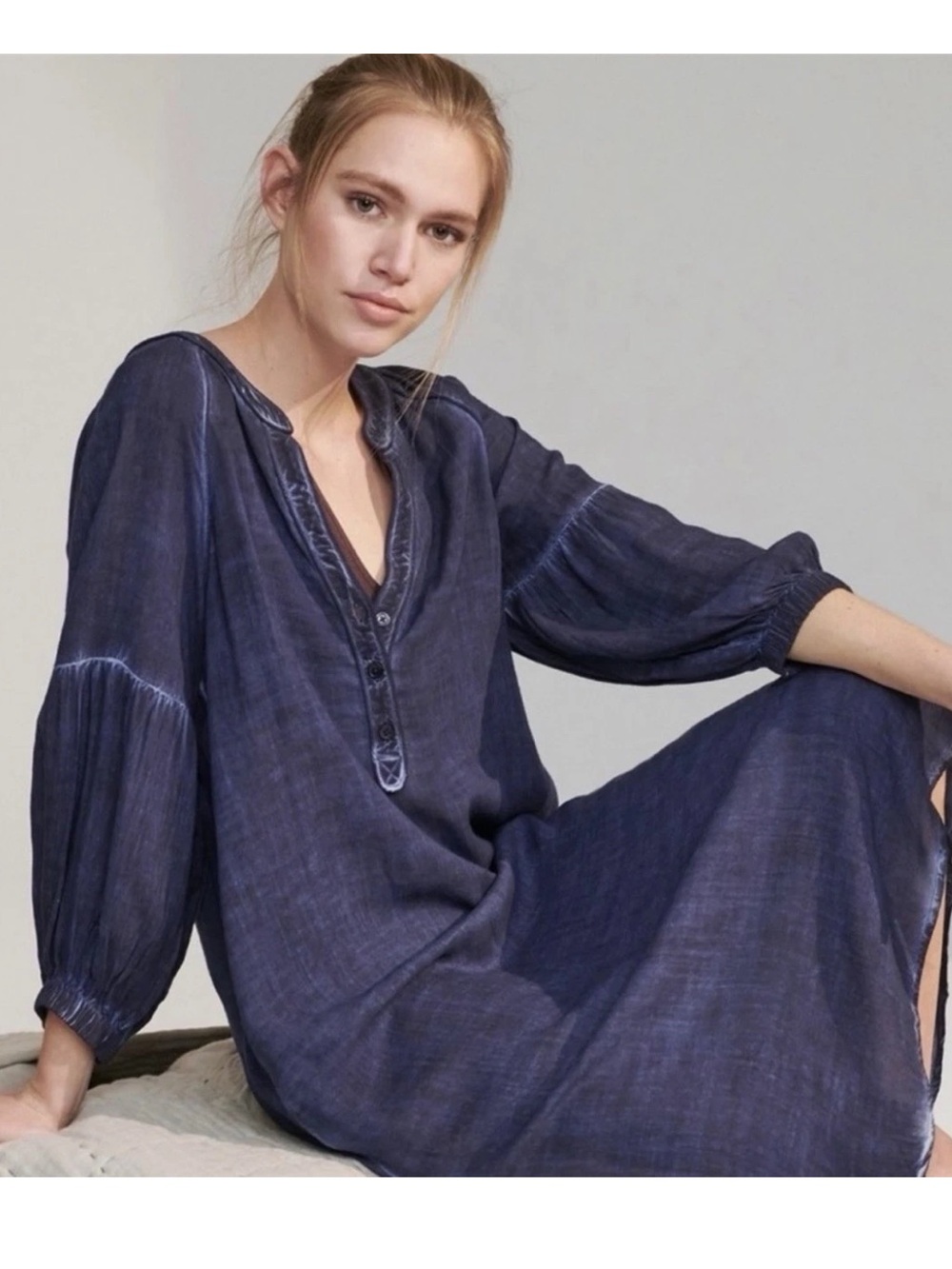 Anthropologie Saturday Sunday Blue Mineral Wash Ruffle Sleeve Midi Dress